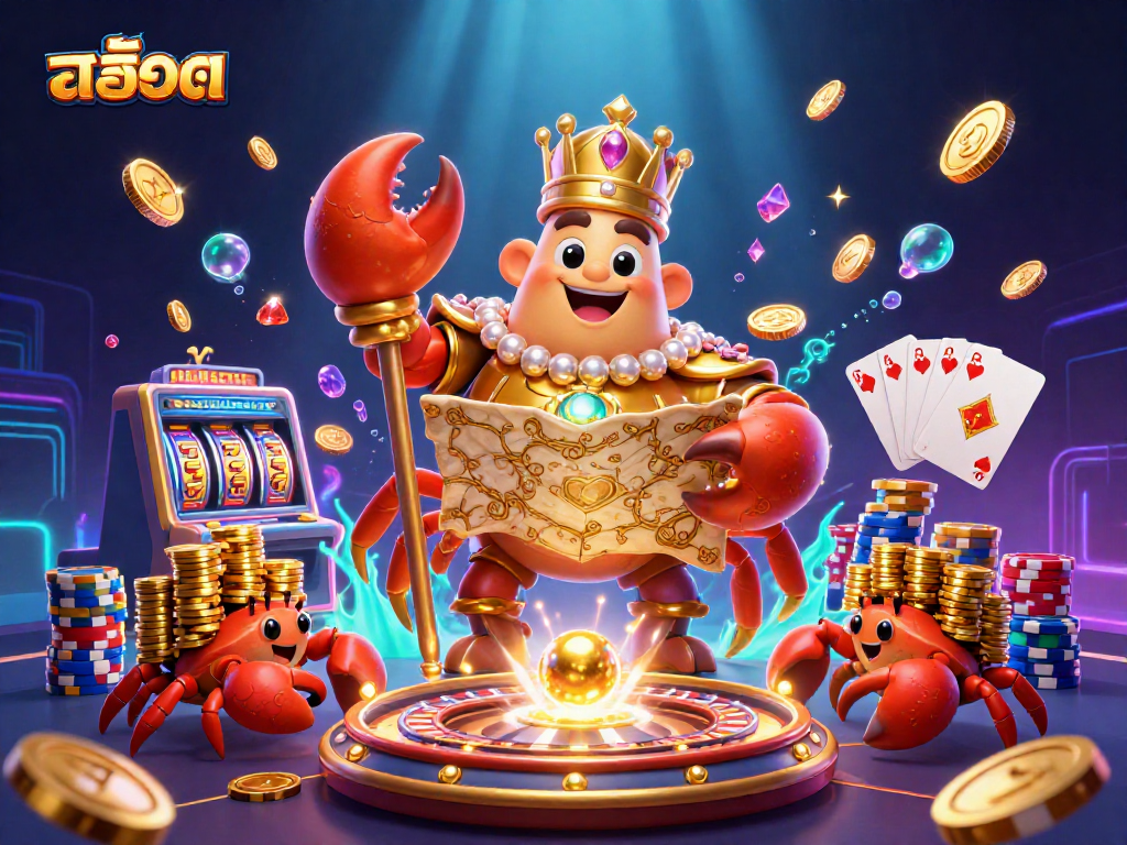Engage with the vibrant สล็อต experience, featuring a golden crab emperor in a treasure-filled 3D casino.
