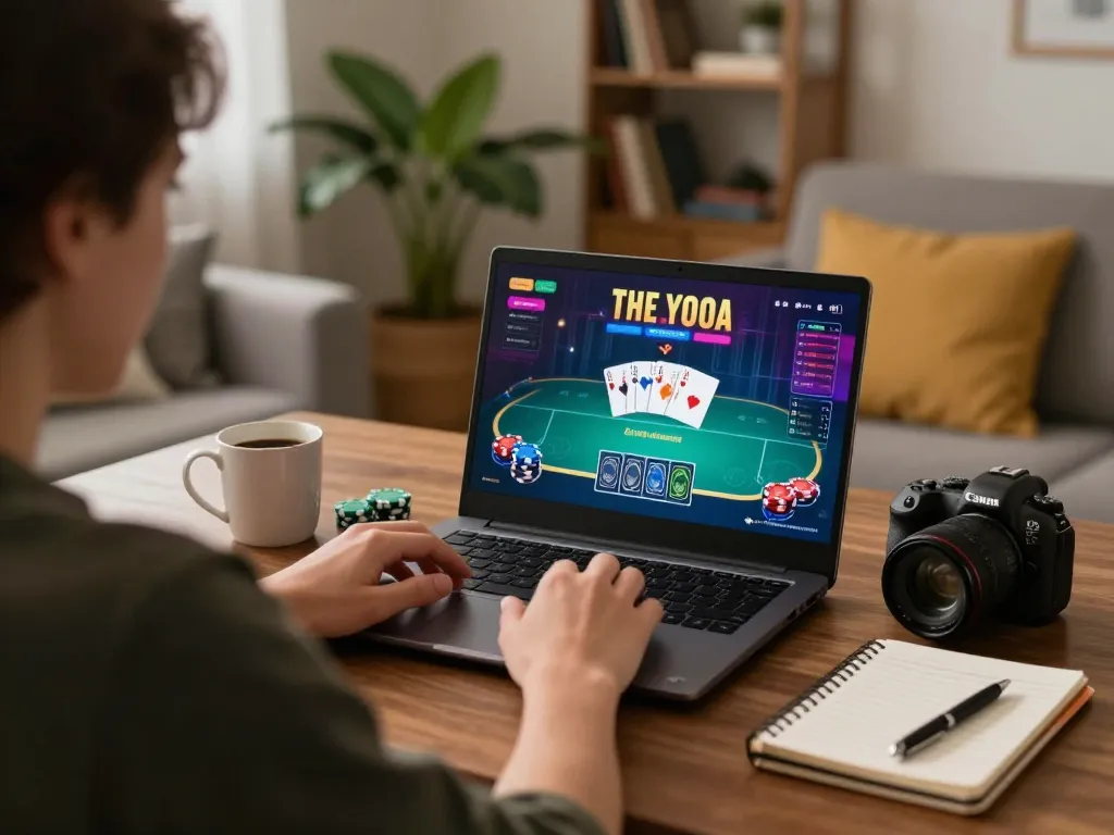 Engaging poker session at home with fabet gaming setup on laptop, showcasing strategy notes and relaxed environment.