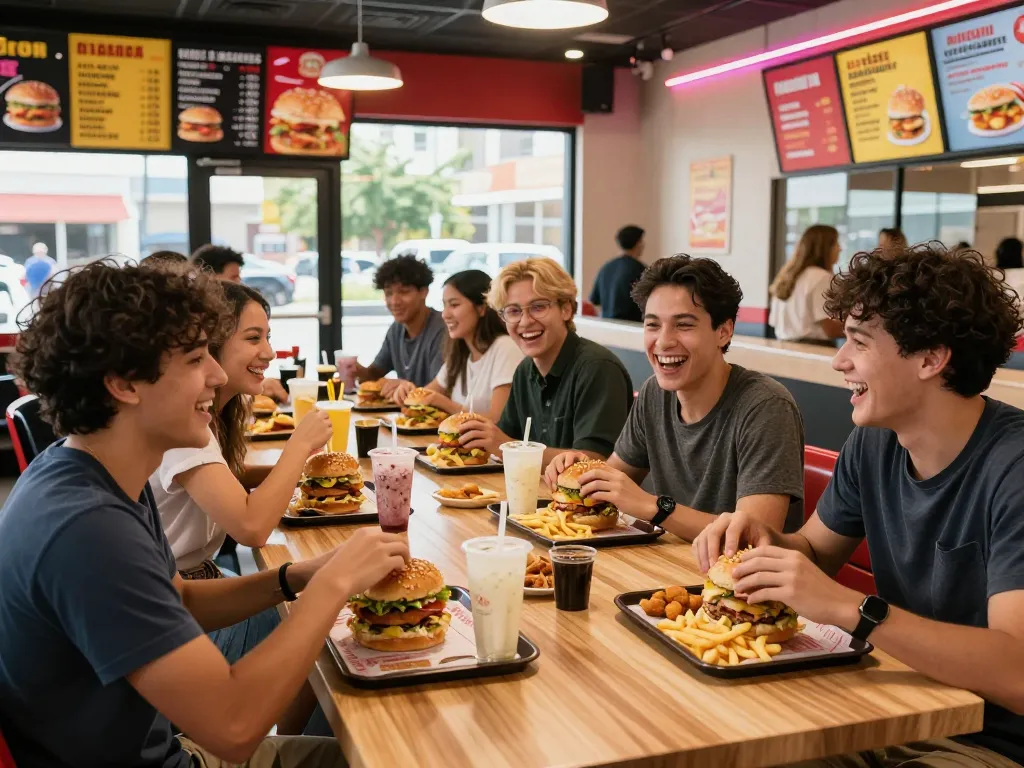 Engaging scene of friends enjoying fast food and discussing fast food prices in a vibrant restaurant setting.