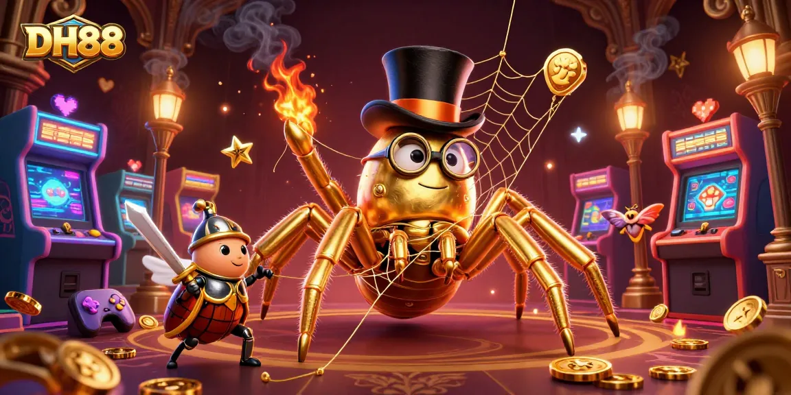 Engage with DH88's vibrant casino scene where a golden tarantula interacts with a brave beetle knight amidst thrilling gaming elements.