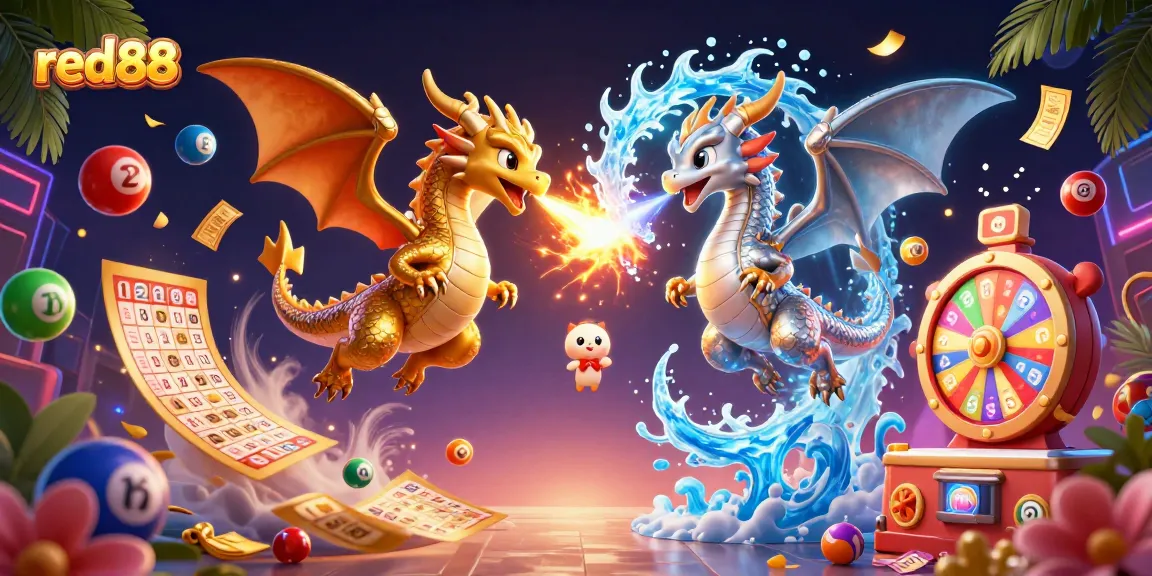Experience exciting gameplay with red88 as cartoon dragons battle with fire and ice in a vibrant lottery scene.