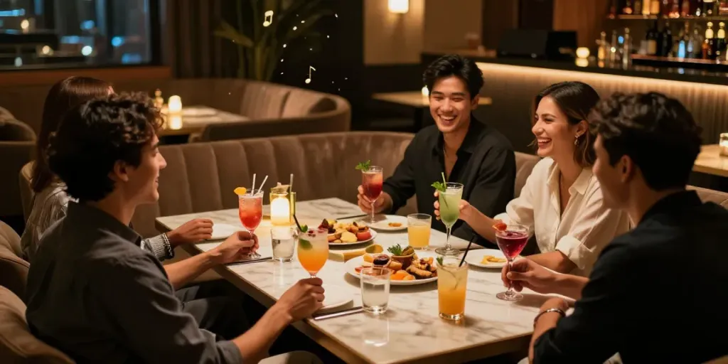 강남 구구단의 독립 룸에서 친구들과 즐겁게 대화하는 장면, 아늑한 분위기 속 칵테일과 안주가 테이블에 놓여 있다