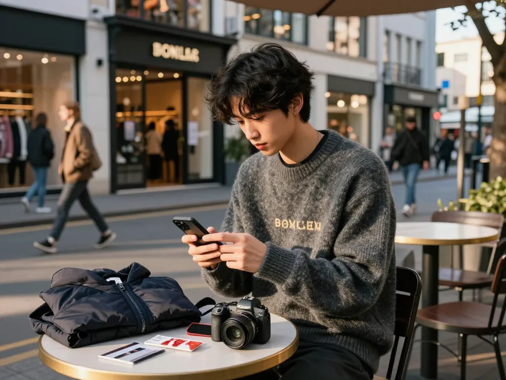 Experience urban fashion with revelcollective.myshopify.com; stylish individual in cozy jumper enjoying city life.