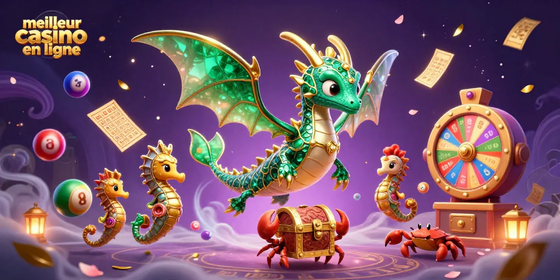 Explorez le meilleur casino en ligne avec des dragons et des trésors dans cette illustration vibrante.