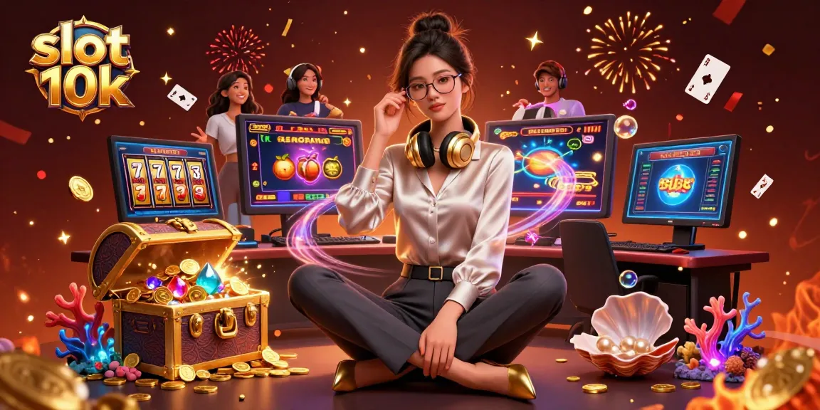 Engaging slot 10k gaming experience featuring an Asian woman at a high-tech setup with celebratory effects.