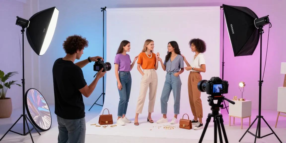 Photographe ecommerce en studio mettant en valeur des produits de mode avec un éclairage professionnel.
