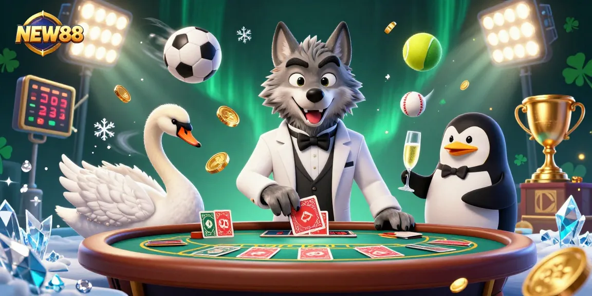 Experience thrilling gaming action at NEW88 with lively characters and dynamic elements in an exciting casino atmosphere.