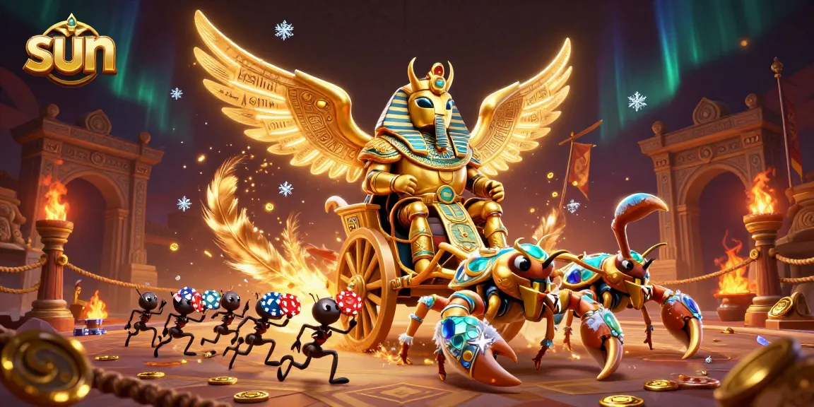 Spin and win with the golden sun scarab in an exciting 3D casino adventure filled with coins.