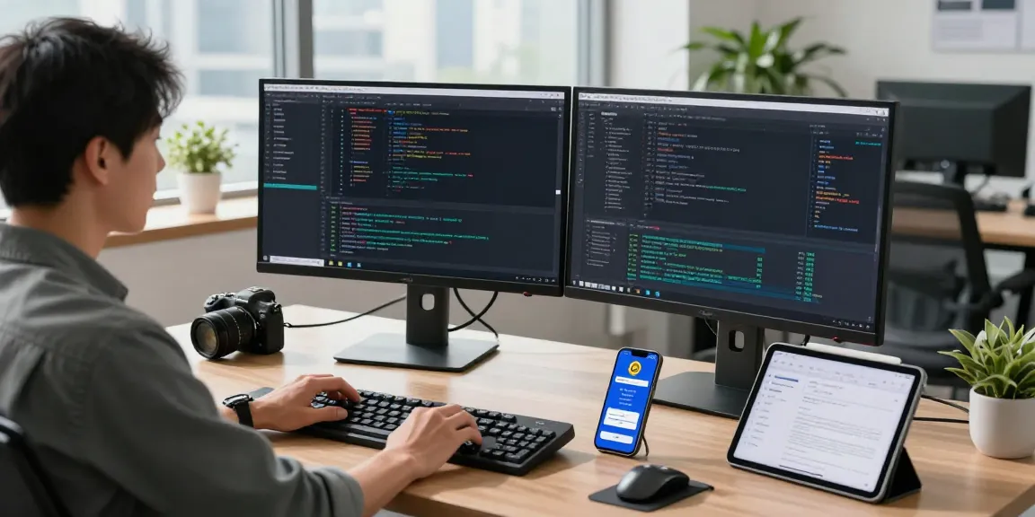 Developer using an age verification system at a modern workspace, showcasing dual monitors and tech tools.