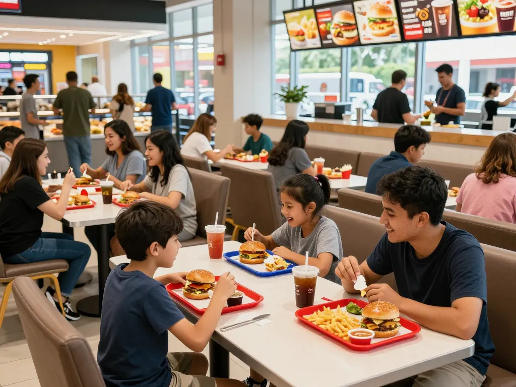 Dining crowd enjoying fast food prices at a busy mall food court.