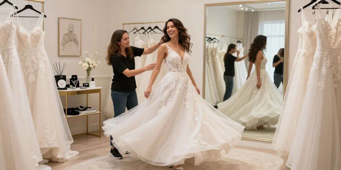 Consulenza di bridal styling con una sposa felice che prova un abito da sposa in boutique