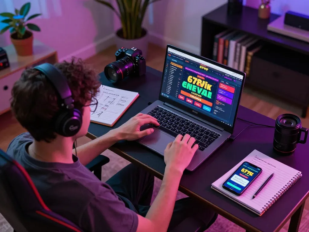 Engaged player using 678vip online casino on laptop, showcasing immersive home gaming experience.