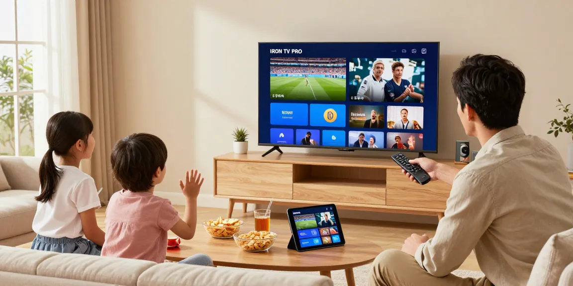 Famille regardant IRON TV PRO sur un grand téléviseur avec excitation et convivialité.