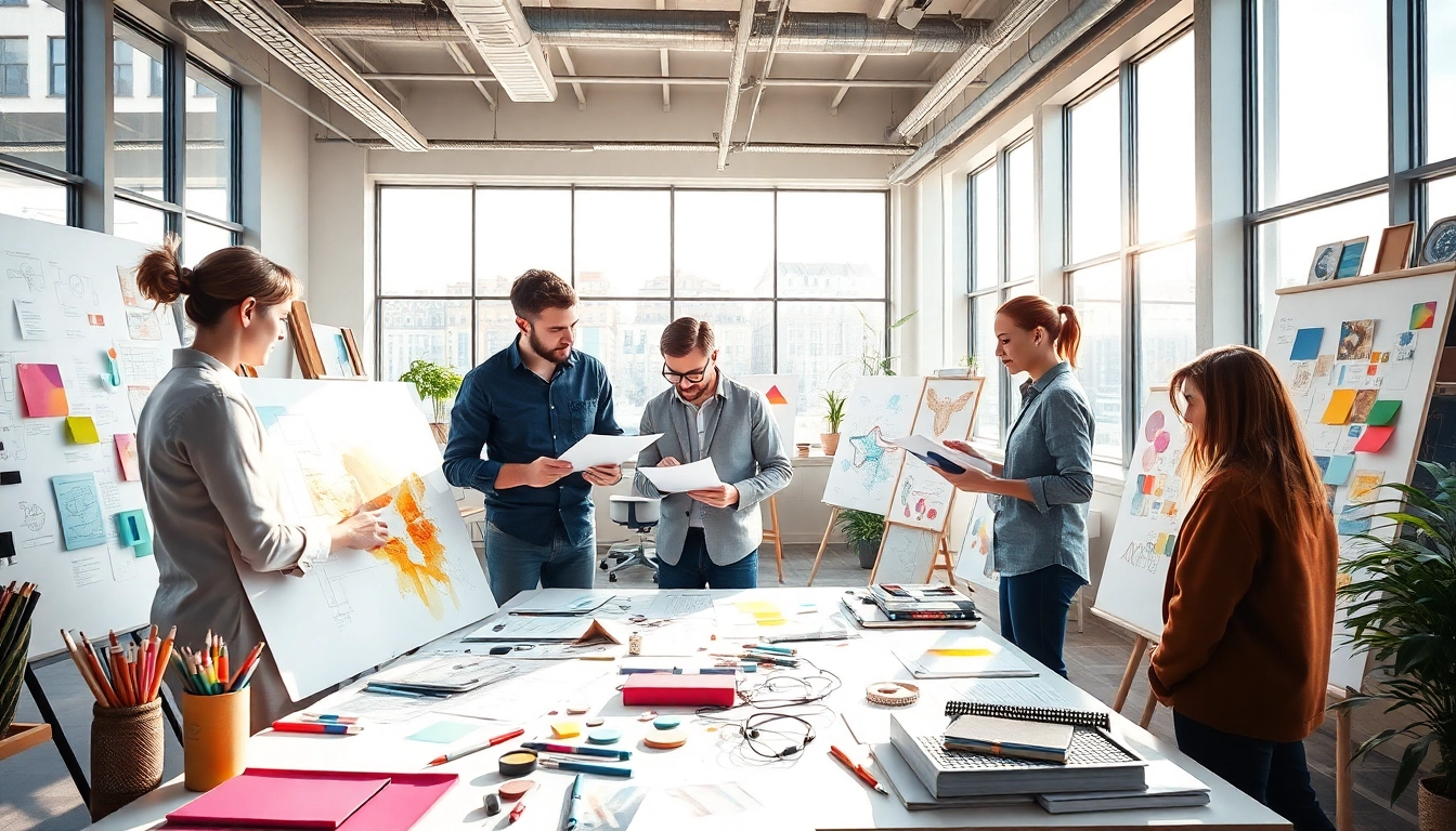 Collaborative designers showcasing creativity at https://bestdesignersintheworld.com/ with vibrant tools and art supplies.