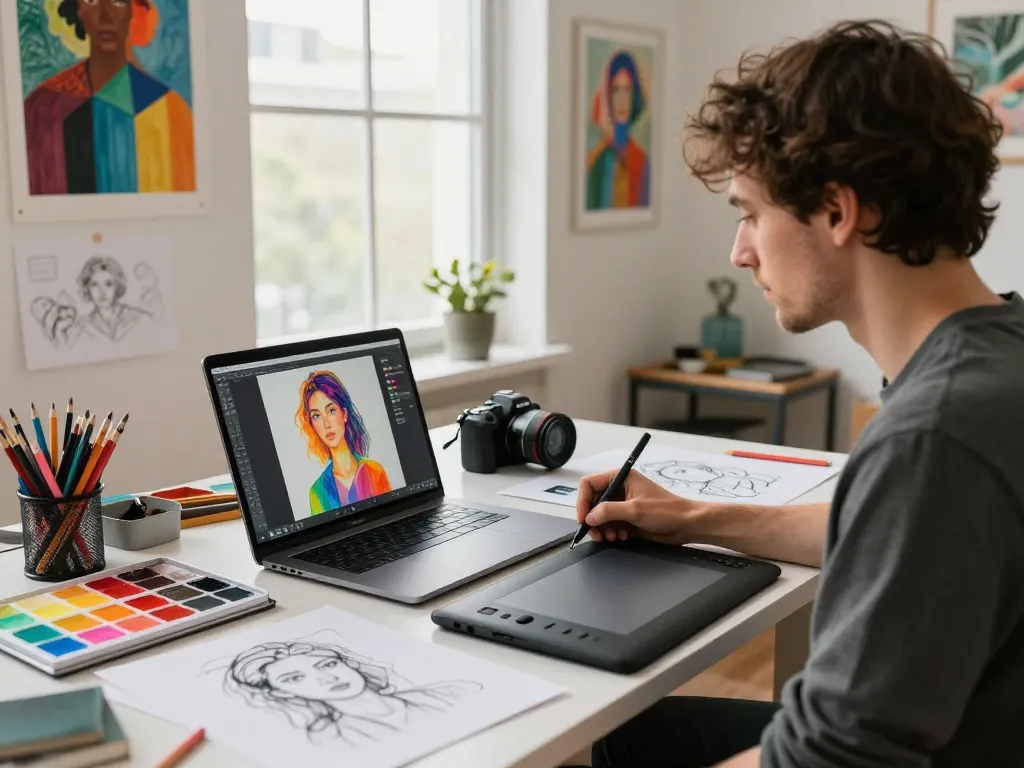 Artist using an image to prompt generator tool to create AI art in a vibrant studio environment.