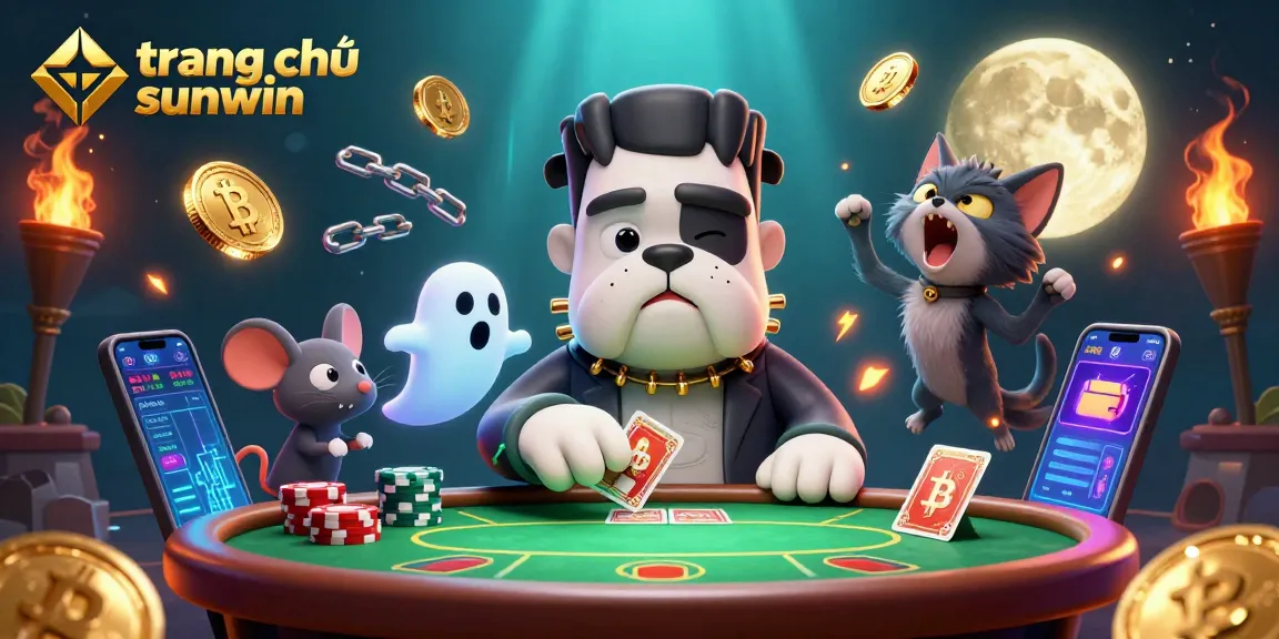 Engage with the vibrant world of trang chủ sunwin as cartoon characters deal cards amidst floating crypto coins.