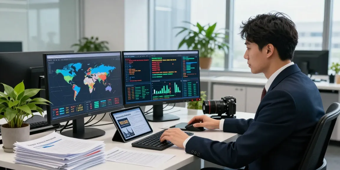 Data analyst analyzing financial crime intelligence trends in a modern office setting