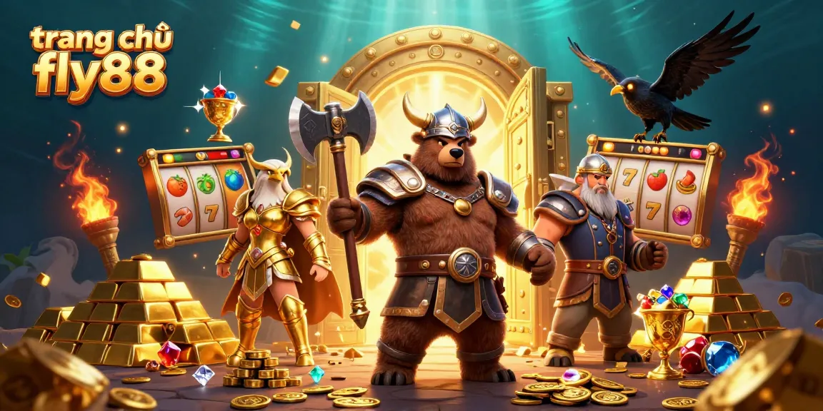 Experience thrilling excitement at trang chủ fly88 with a vibrant 3D illustration of a Viking bear and eagle surrounded by golden treasures.