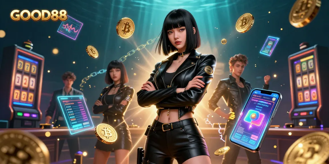 Experience the thrill of GOOD88 with an energetic casino scene featuring stunning visuals and gaming elements.