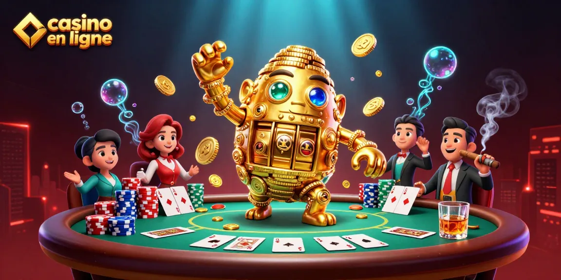 Casino en ligne avec un golem doré et des éléments de poker en pleine action