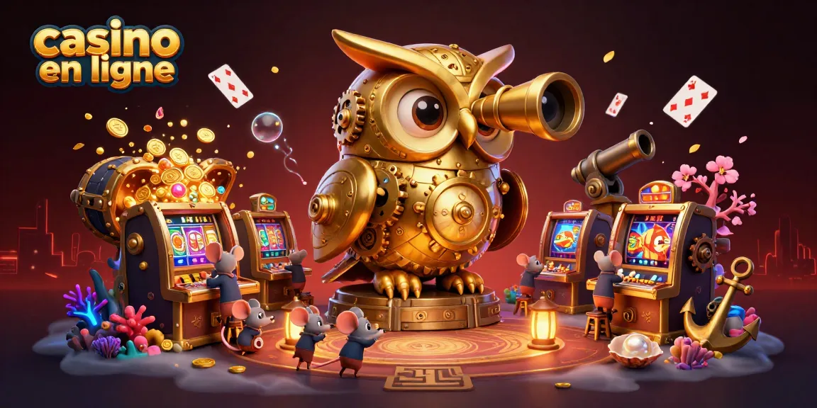 Jeu captivant au casino en ligne avec un hibou doré et des souris entre les machines à sous.
