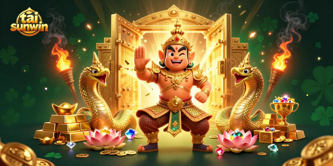 Tai Sunwin players enjoy the gold-filled adventure with treasures and jackpots in a vibrant casino-inspired scene.