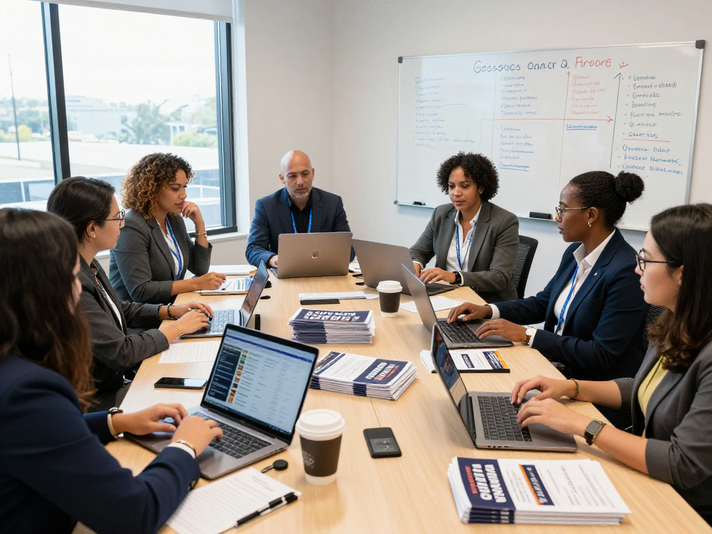 Dynamic team collaborating on grassroots fundraising services in a modern political campaign setting.