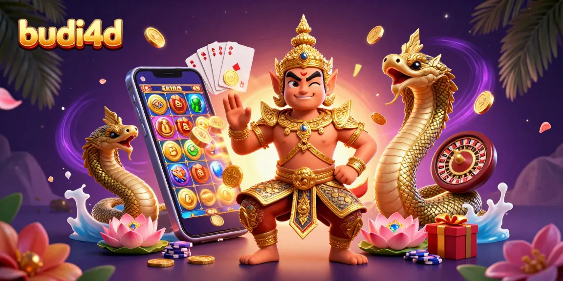 Engage with the lively budi4d scene featuring colorful slot games and a friendly guardian.