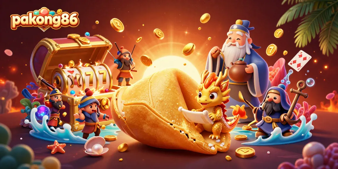 Experience pakong86 with an enchanting golden fortune cookie scene filled with vibrant casino elements.