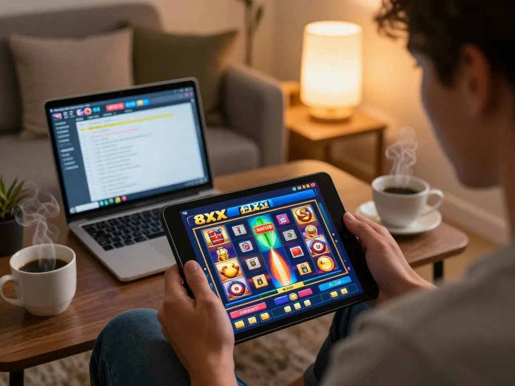 Engaged player navigating 8xx slot games on a tablet in a cozy home setting.
