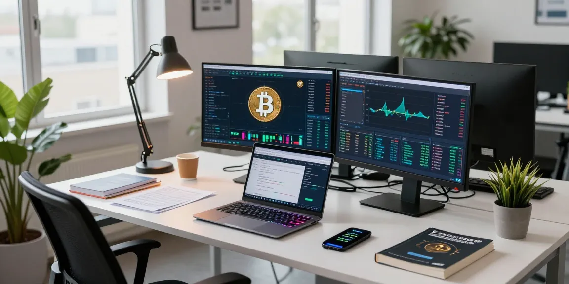 Bitcoin mining analysis workspace with blockchain data visuals in a modern tech office.