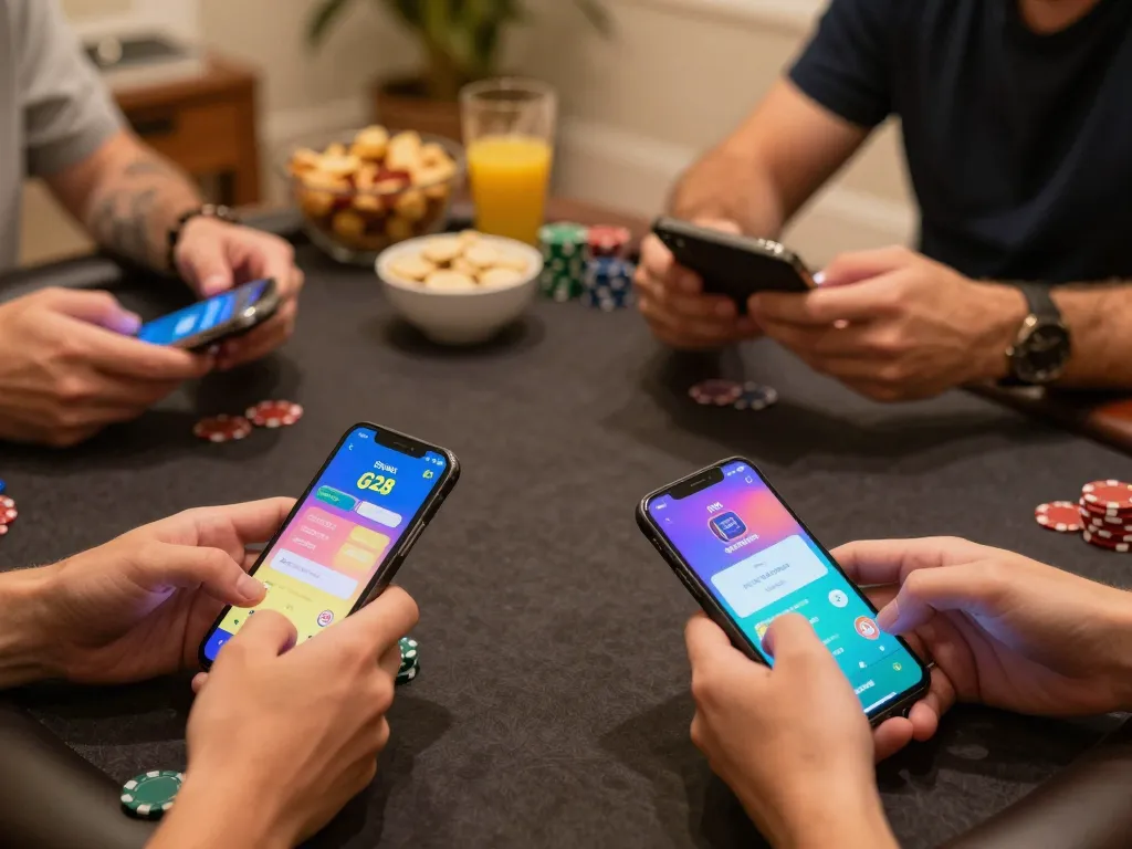 Engaged players placing bets on their g28 mobile poker game in a cozy setting