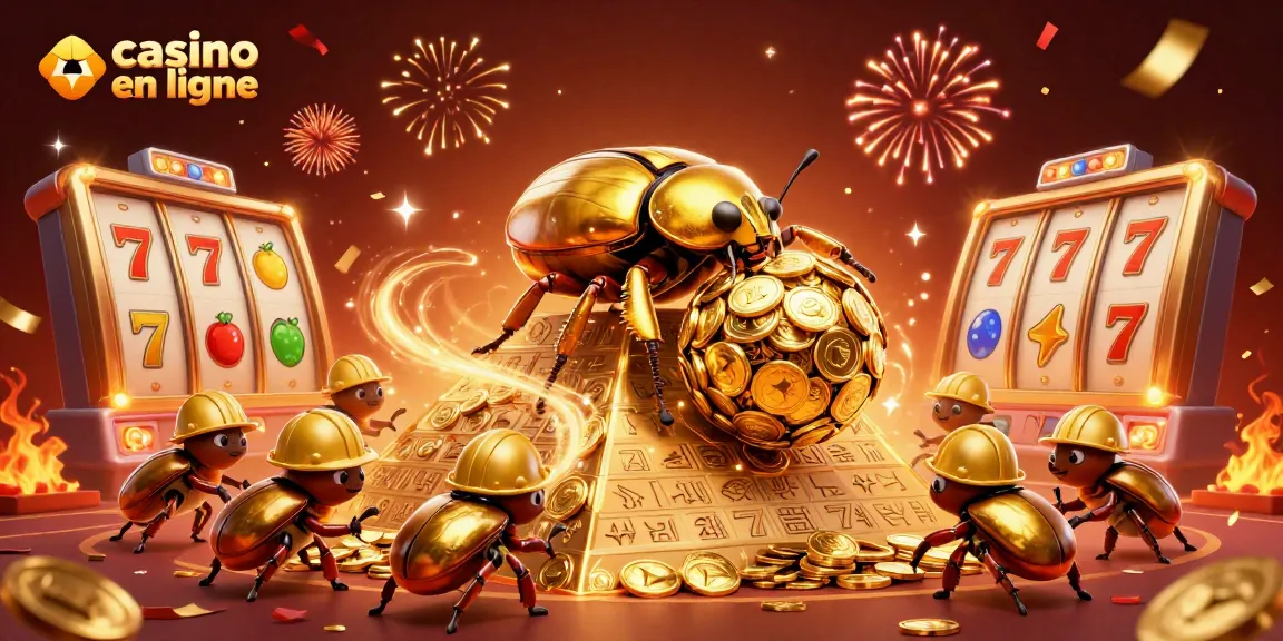 Jouez à un casino en ligne avec une illustration d'un scarabée doré et des machines à sous encapsulées dans un décor festif.