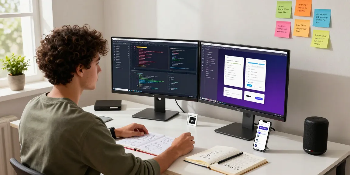 Interactive workspace showcasing a mobile app development course online with coding interfaces, motivational quotes, and a novice developer.