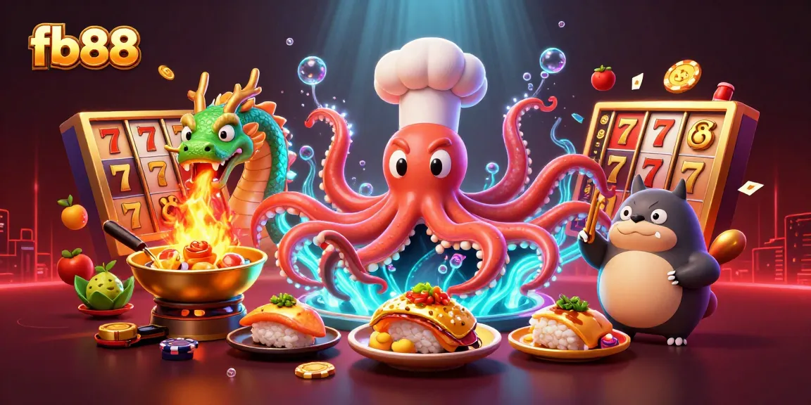 Spin the reels with fb88 as you delight in a vibrant scene of a sushi chef octopus, dragon, and tanuki!