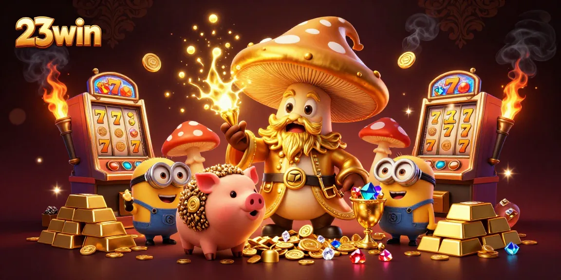 Experience the magic of 23win with a golden wizard, treasure, and dynamic casino elements.