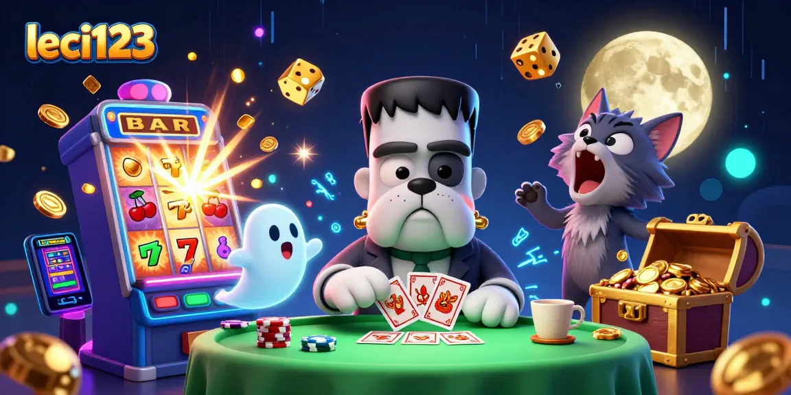 Permainan kartu oleh leci123 dengan karakter unik dan simbol jackpot yang meriah, mengundang pemain judi.