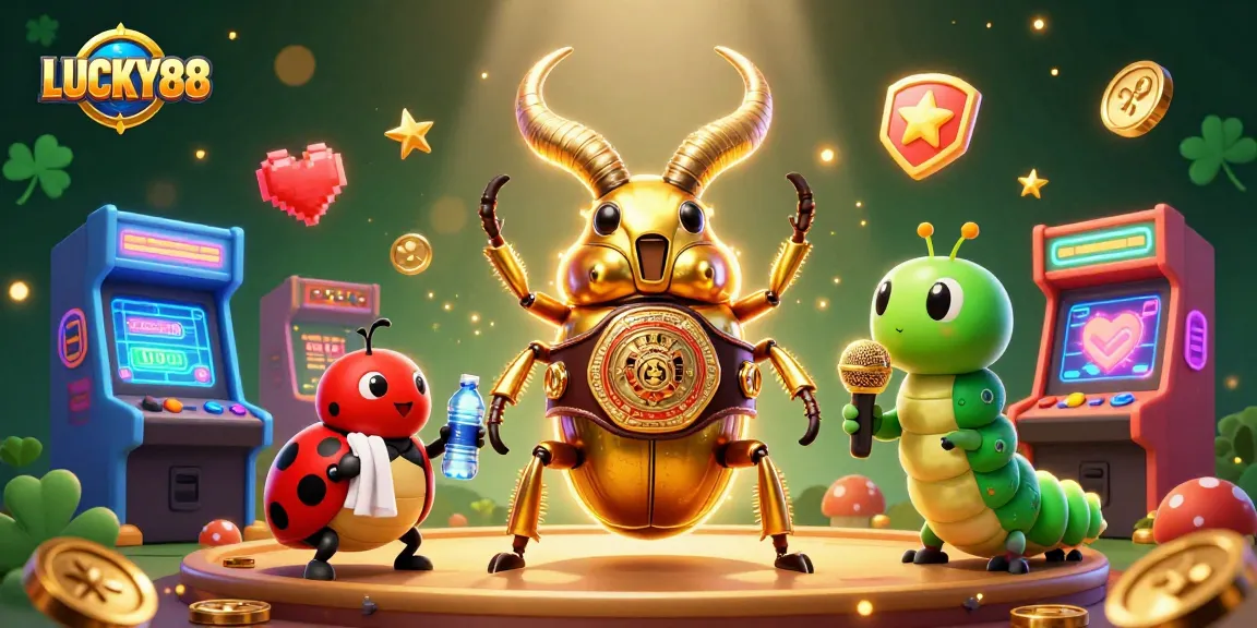 LUCKY88 draws excitement with a 3D beetle champion, ladybug corner-man, and gaming decor in a vibrant casino scene.