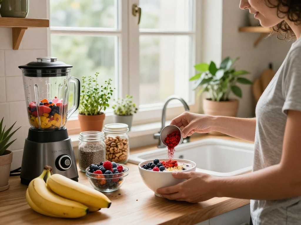 Health-conscious individual preparing a smoothie with premium astaxanthin in a cozy kitchen.