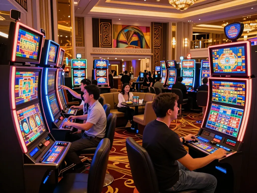 Engaging players at Sunwin casino machines showcase vibrant gaming atmosphere.