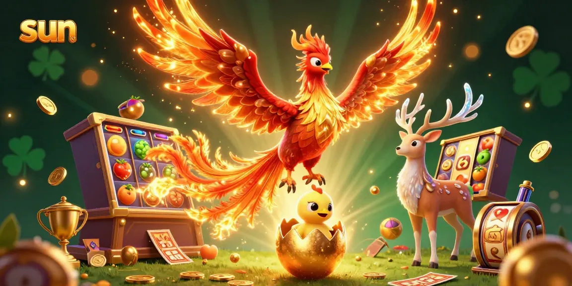 Sun illuminates a vibrant casino scene with a phoenix and jackpot slots, celebrating dynamic action.