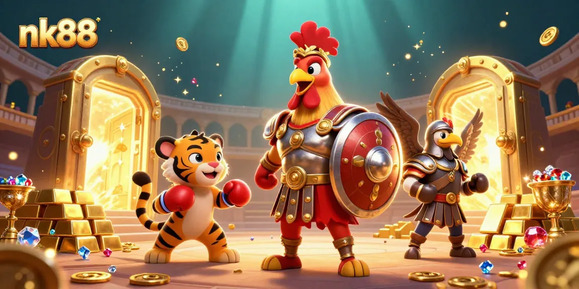 Engage with exciting casino adventures at nk88 featuring a gladiator rooster amidst treasure.