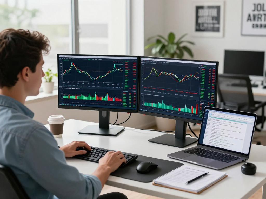 TradingView trader analyzing stock charts at a modern workspace