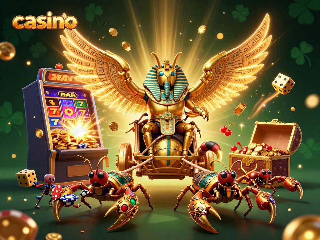 Experience the vibrant casino excitement with golden scarab characters amidst a jackpot explosion.