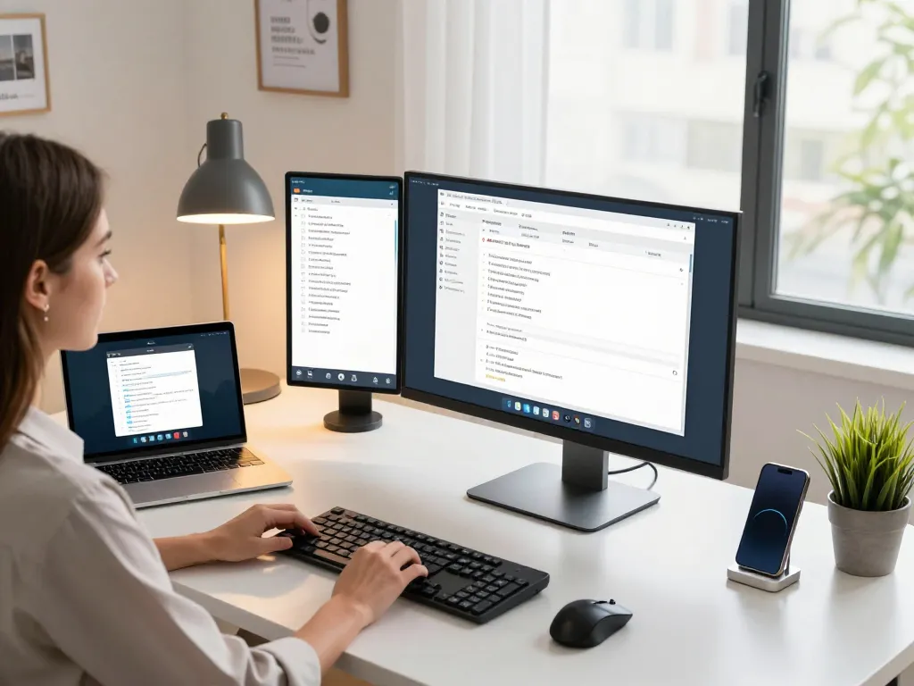 Tech gadgets for productivity enhancing a modern workspace with dual monitors and ergonomic setup.