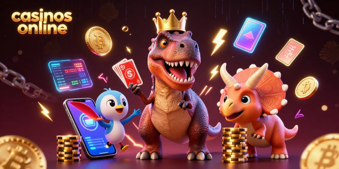Juega en casinos online con un T-Rex y su asistente mientras apilan fichas de oro.