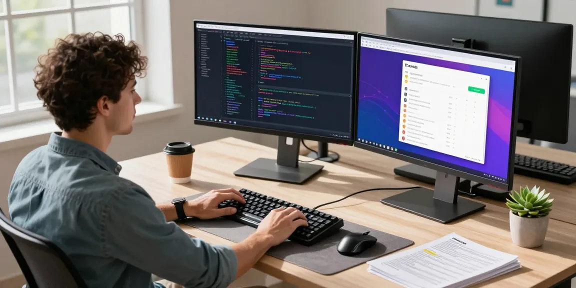 Dynamic tech workspace showcasing a developer coding while using the 纸飞机中文版官网, highlighting a vibrant coding environment.