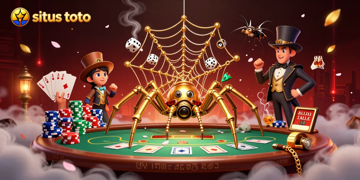 Engaging 3D scene of situs toto with a golden spider and poker elements in action.