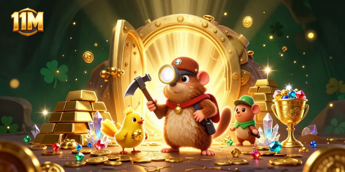 Win big at 11M with a treasure hunter mole exploring a vibrant casino scene.