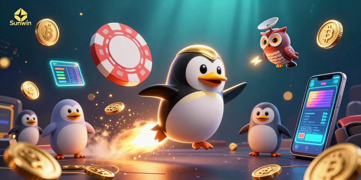 Engage in exhilarating gameplay with Sunwin as a golden penguin navigates a casino universe.